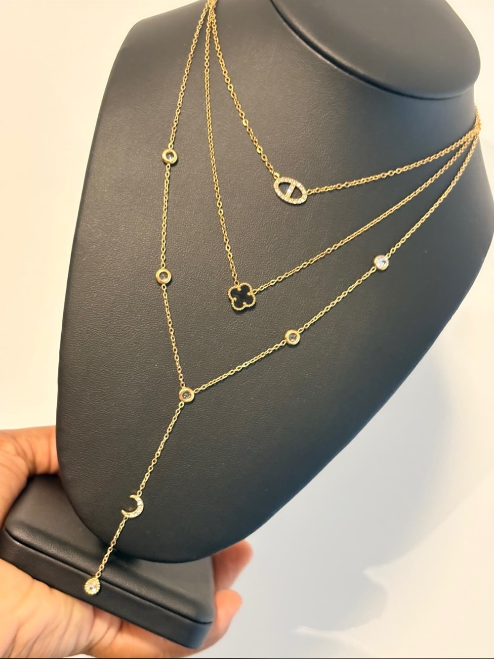 Gold Layered Moon & Clover Pendant Necklace - Women Jewelry
